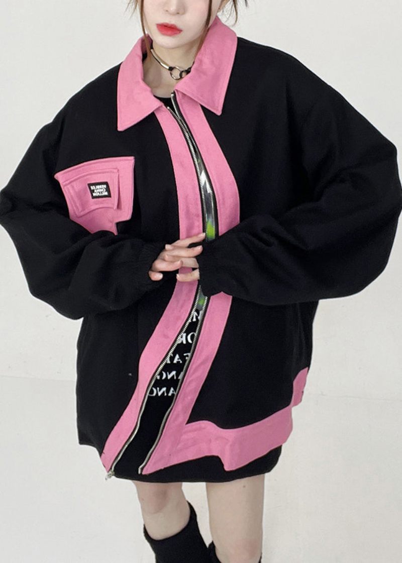 Plus Size Black Peter Pan Krage Zip Up Cotton Coats Långärmad - Vinterkappor för kvinnor