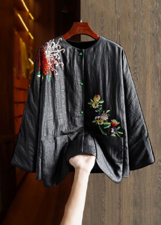 Plus Size Black Printing Blommig Knapp Silk Velour Parka Winter