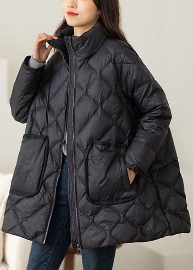 Plus Size Black Stand Krage Zip Up Duck Down Puffers Jackor Vinter - Dunjackor för kvinnor