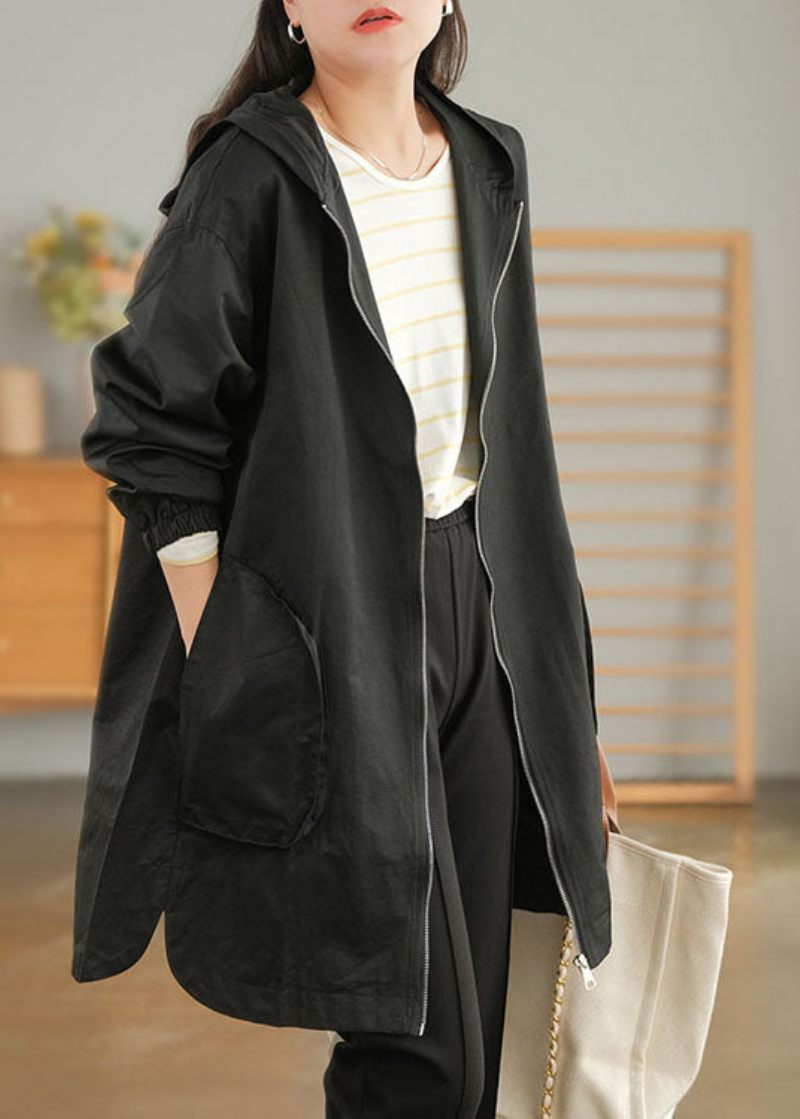 Plus Size Black Zip Up Enfärgad Trench Coats I Bomull Höst