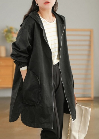 Plus Size Black Zip Up Enfärgad Trench Coats I Bomull Höst