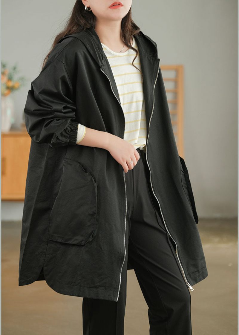 Plus Size Black Zip Up Enfärgad Trench Coats I Bomull Höst - Svart