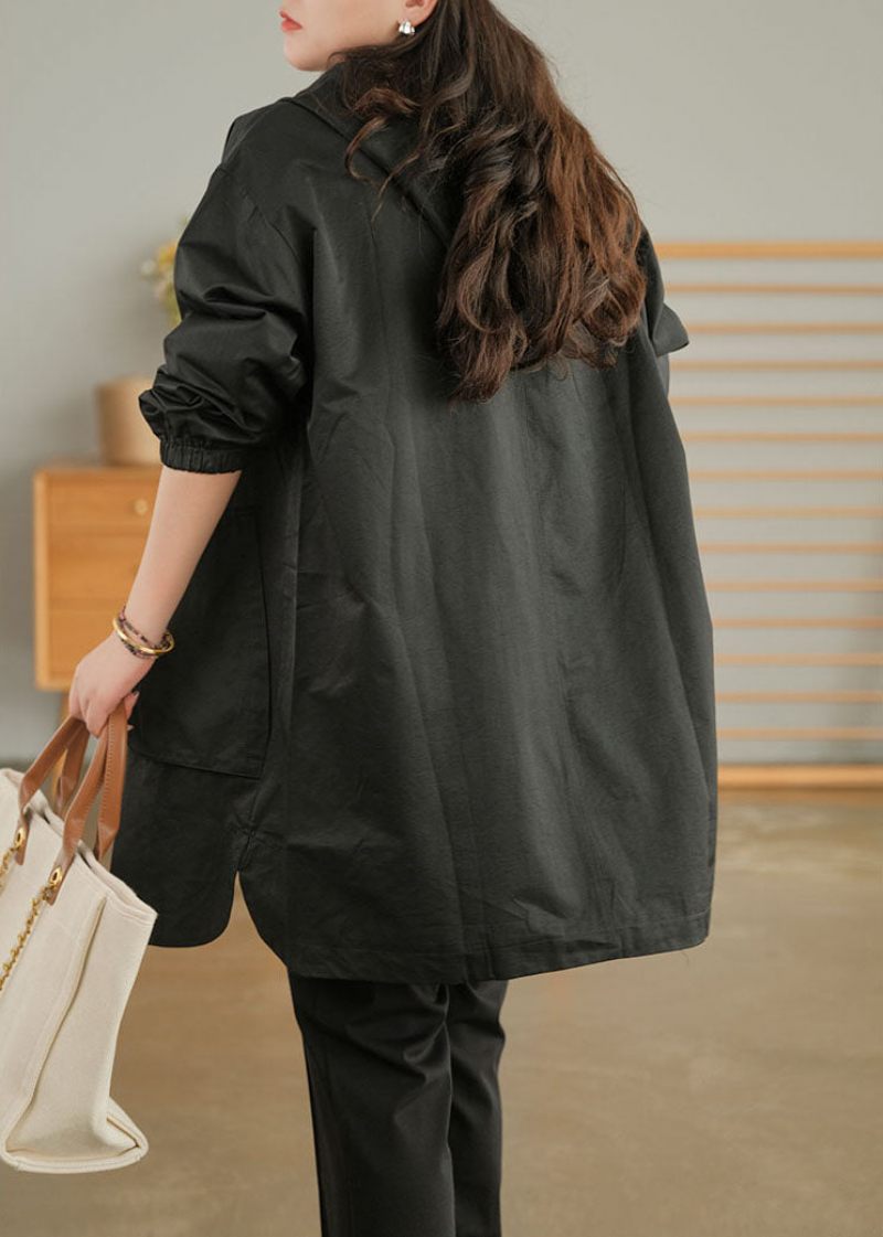 Plus Size Black Zip Up Enfärgad Trench Coats I Bomull Höst - Svart