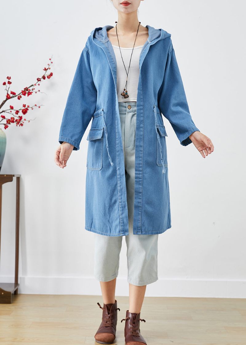 Plus Size Blue Cinched Hooded Denim Trench Fall - Trenchcoats för kvinnor