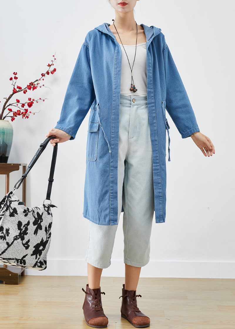 Plus Size Blue Cinched Hooded Denim Trench Fall - Trenchcoats för kvinnor