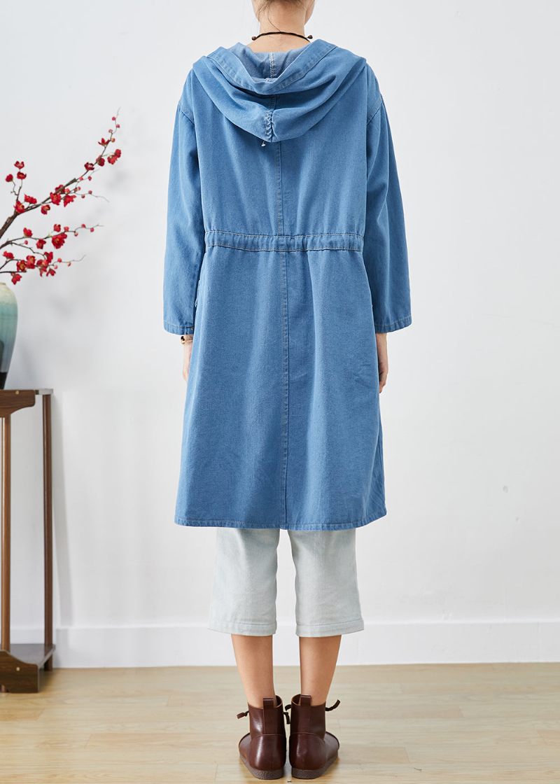 Plus Size Blue Cinched Hooded Denim Trench Fall - Trenchcoats för kvinnor