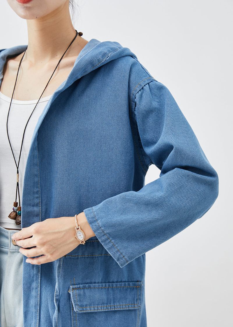 Plus Size Blue Cinched Hooded Denim Trench Fall - Trenchcoats för kvinnor