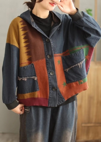 Plus Size Blue Hooded Pockets Patchwork Denim Coat Spring