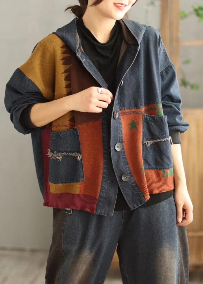 Plus Size Blue Hooded Pockets Patchwork Denim Coat Spring - Vinterkappor för kvinnor