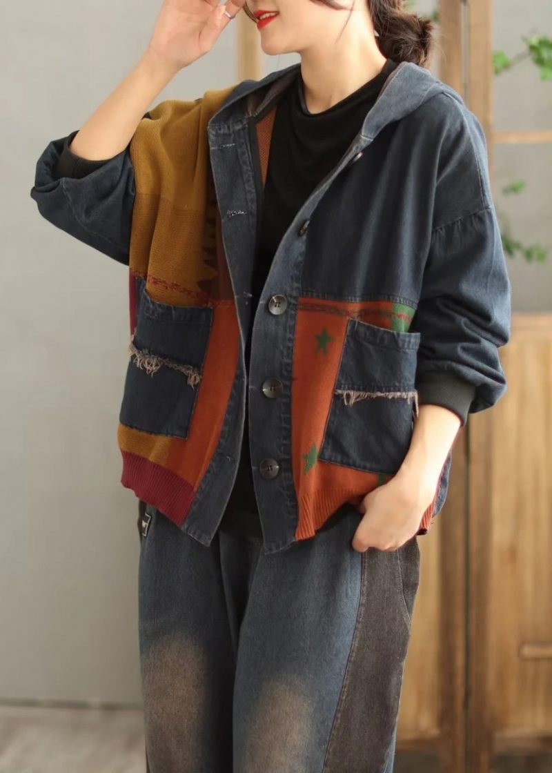 Plus Size Blue Hooded Pockets Patchwork Denim Coat Spring - Vinterkappor för kvinnor