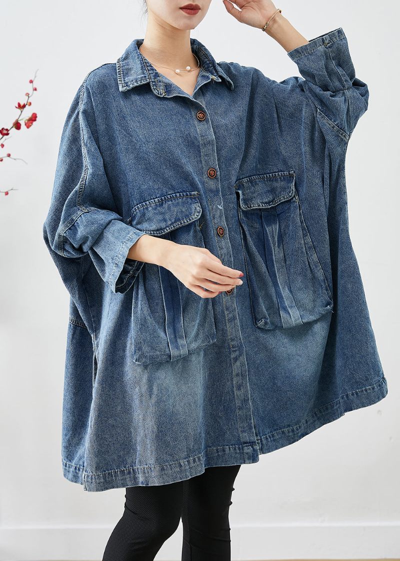 Plus Size Blue Oversized Big Pockets Denimrockar Höst - Vinterkappor för kvinnor