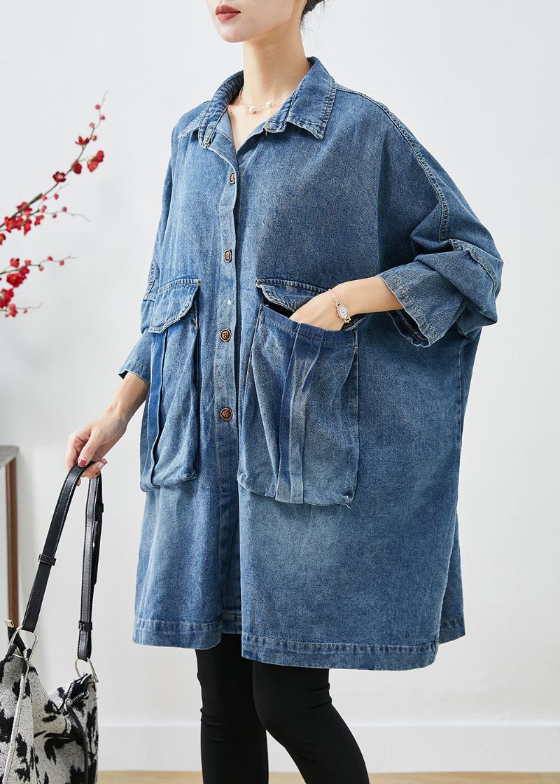 Plus Size Blue Oversized Big Pockets Denimrockar Höst - Vinterkappor för kvinnor