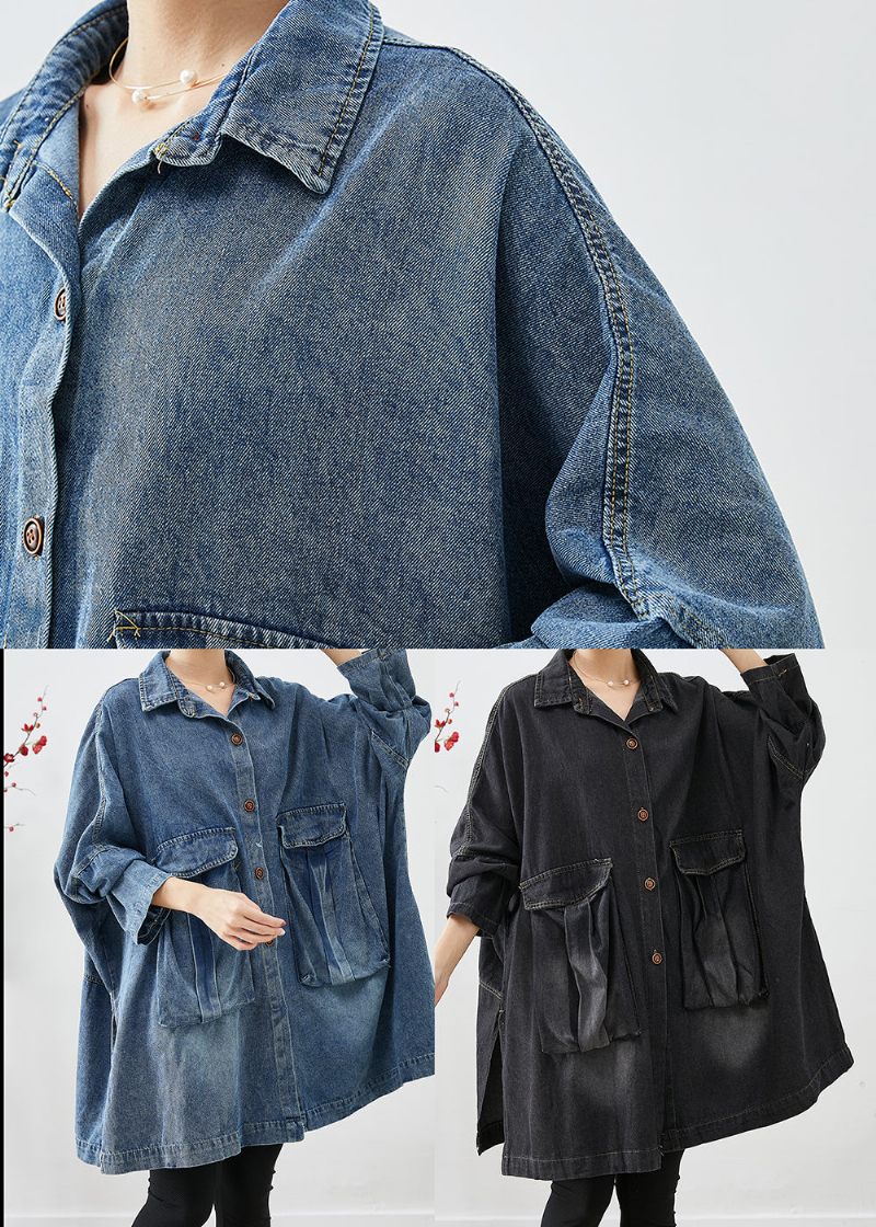 Plus Size Blue Oversized Big Pockets Denimrockar Höst - Vinterkappor för kvinnor