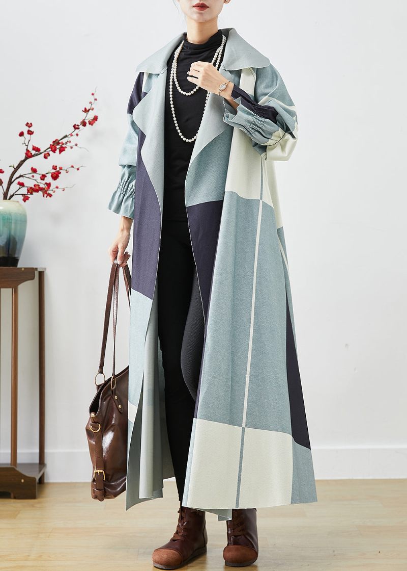 Plus Size Blue Oversized Patchwork Cotton Trench Fall - Trenchcoats för kvinnor