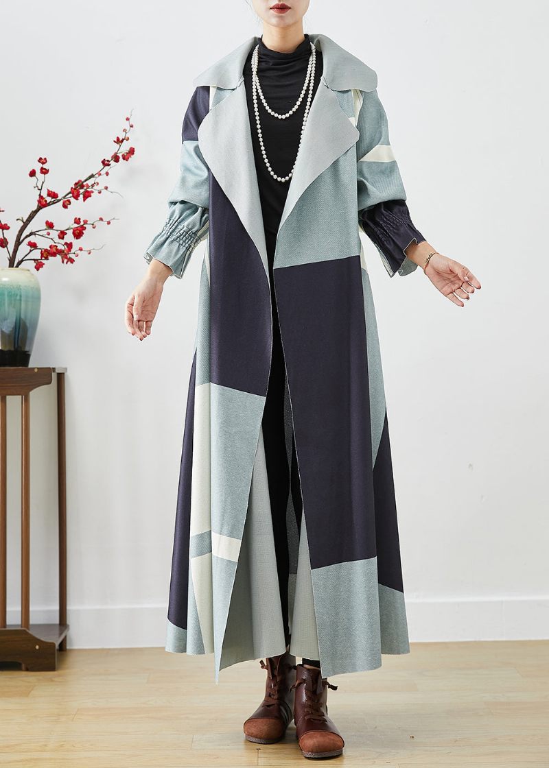 Plus Size Blue Oversized Patchwork Cotton Trench Fall - Trenchcoats för kvinnor