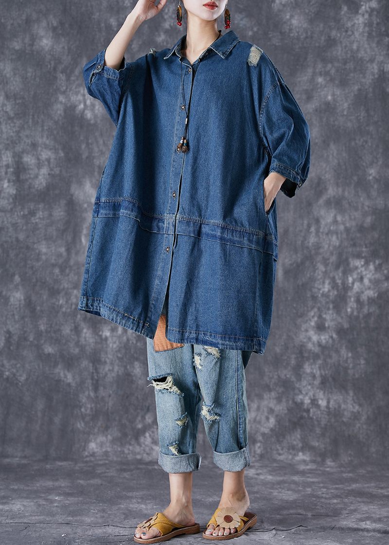 Plus Size Blue Oversized Patchwork Denim Ripped Trench Coats Hösten