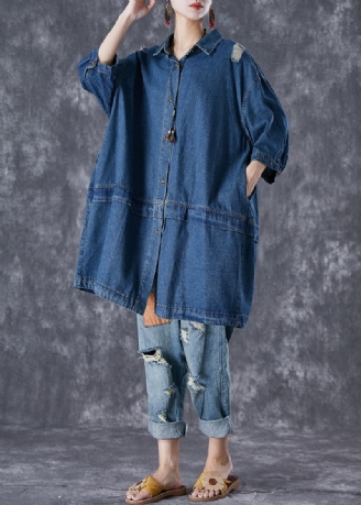 Plus Size Blue Oversized Patchwork Denim Ripped Trench Coats Hösten