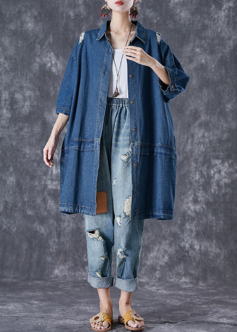 Plus Size Blue Oversized Patchwork Denim Ripped Trench Coats Hösten - Trenchcoats för kvinnor