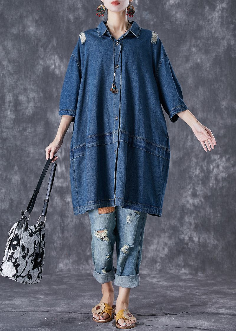 Plus Size Blue Oversized Patchwork Denim Ripped Trench Coats Hösten - Trenchcoats för kvinnor