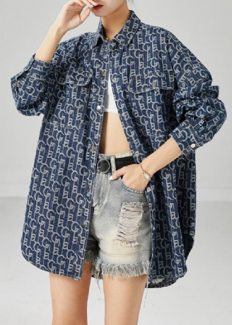 Plus Size Blue Oversized Print Denim Coat Ytterkläder Höst