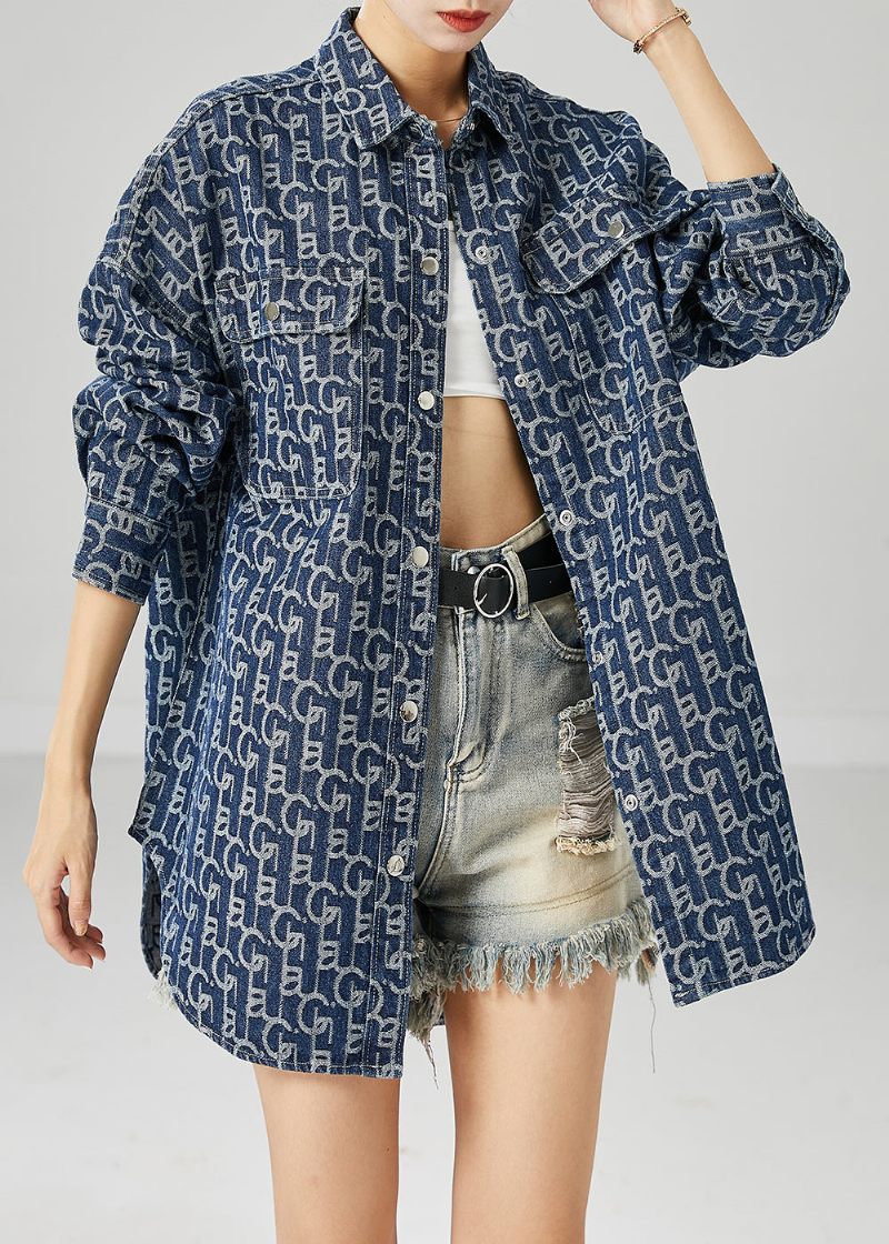 Plus Size Blue Oversized Print Denim Coat Ytterkläder Höst - Vinterkappor för kvinnor