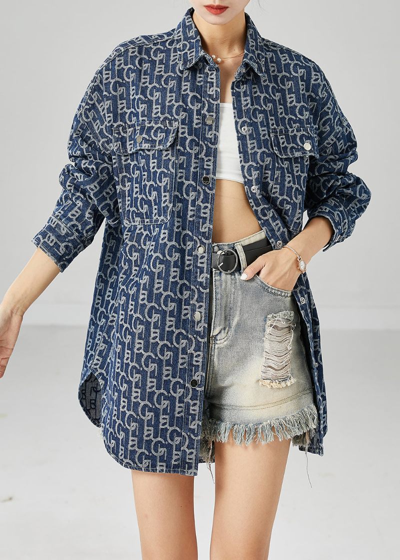 Plus Size Blue Oversized Print Denim Coat Ytterkläder Höst - Vinterkappor för kvinnor