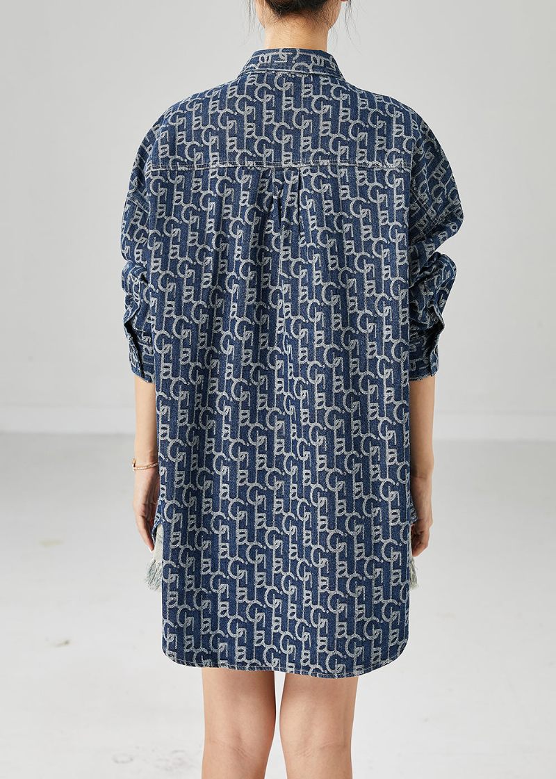 Plus Size Blue Oversized Print Denim Coat Ytterkläder Höst - Vinterkappor för kvinnor