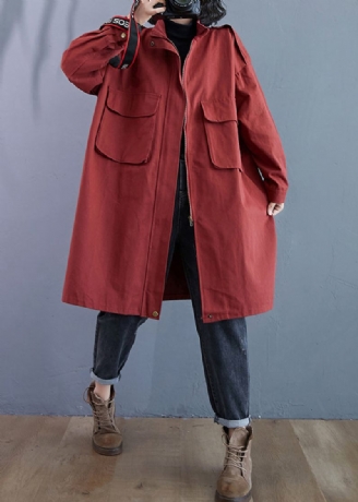 Plus Size Brick Red Zip Up Fickor Patchwork Bomull Trenchcoats Höst