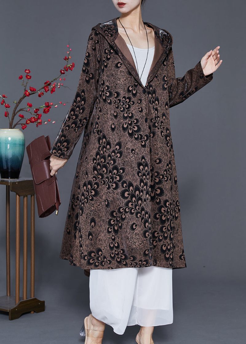 Plus Size Brown Hooded Print Spandex Coat Ytterkläder Spring