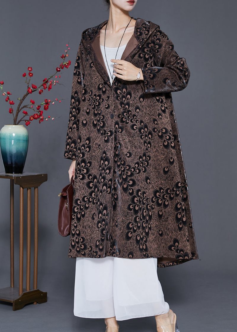 Plus Size Brown Hooded Print Spandex Coat Ytterkläder Spring - Trenchcoats för kvinnor