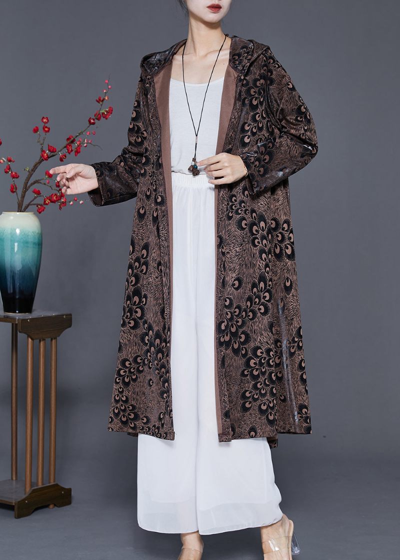 Plus Size Brown Hooded Print Spandex Coat Ytterkläder Spring - Trenchcoats för kvinnor