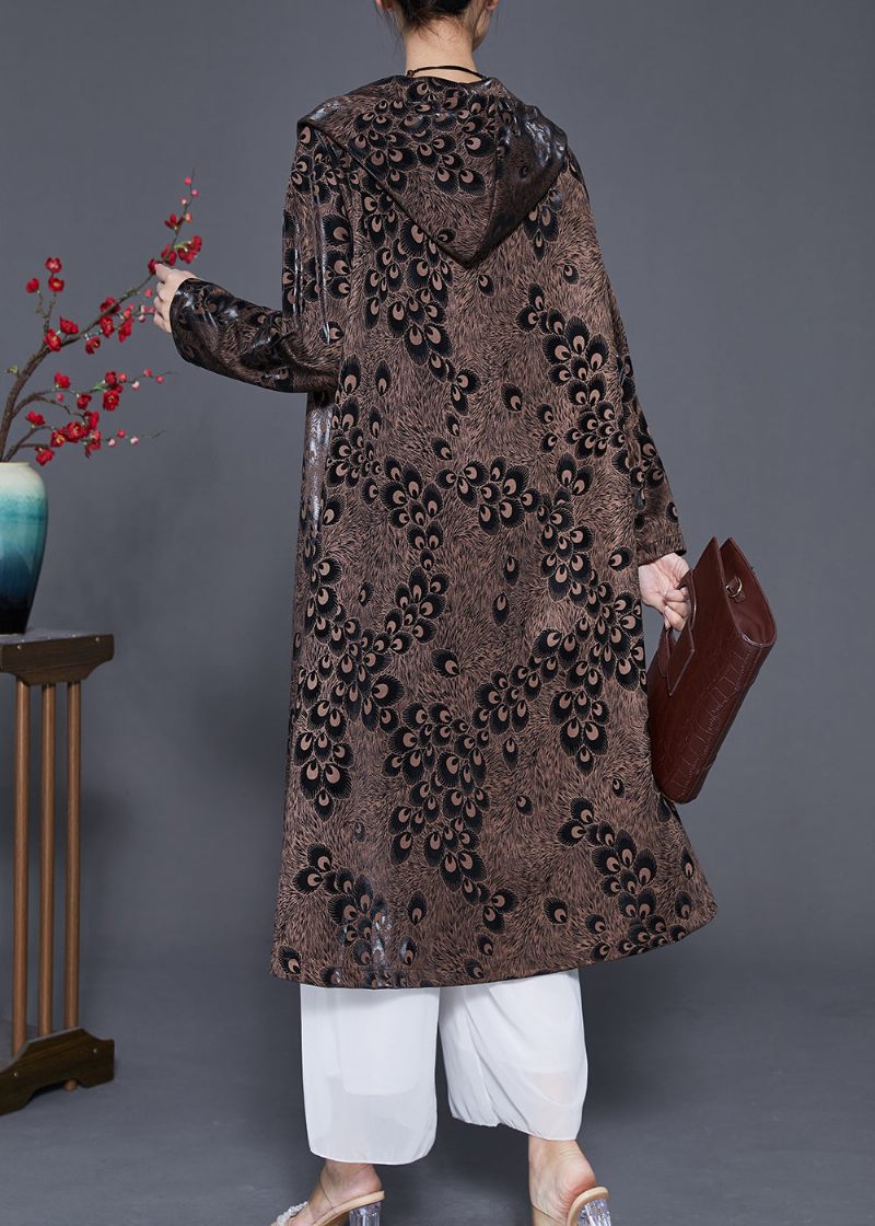 Plus Size Brown Hooded Print Spandex Coat Ytterkläder Spring - Trenchcoats för kvinnor