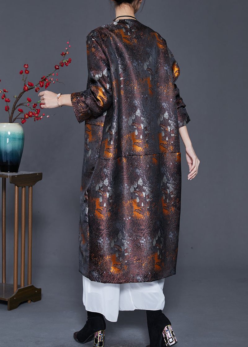 Plus Size Brun Oversized Print Bomullsfylld Sidenkappa Ytterkläder Spring - Vinterkappor för kvinnor