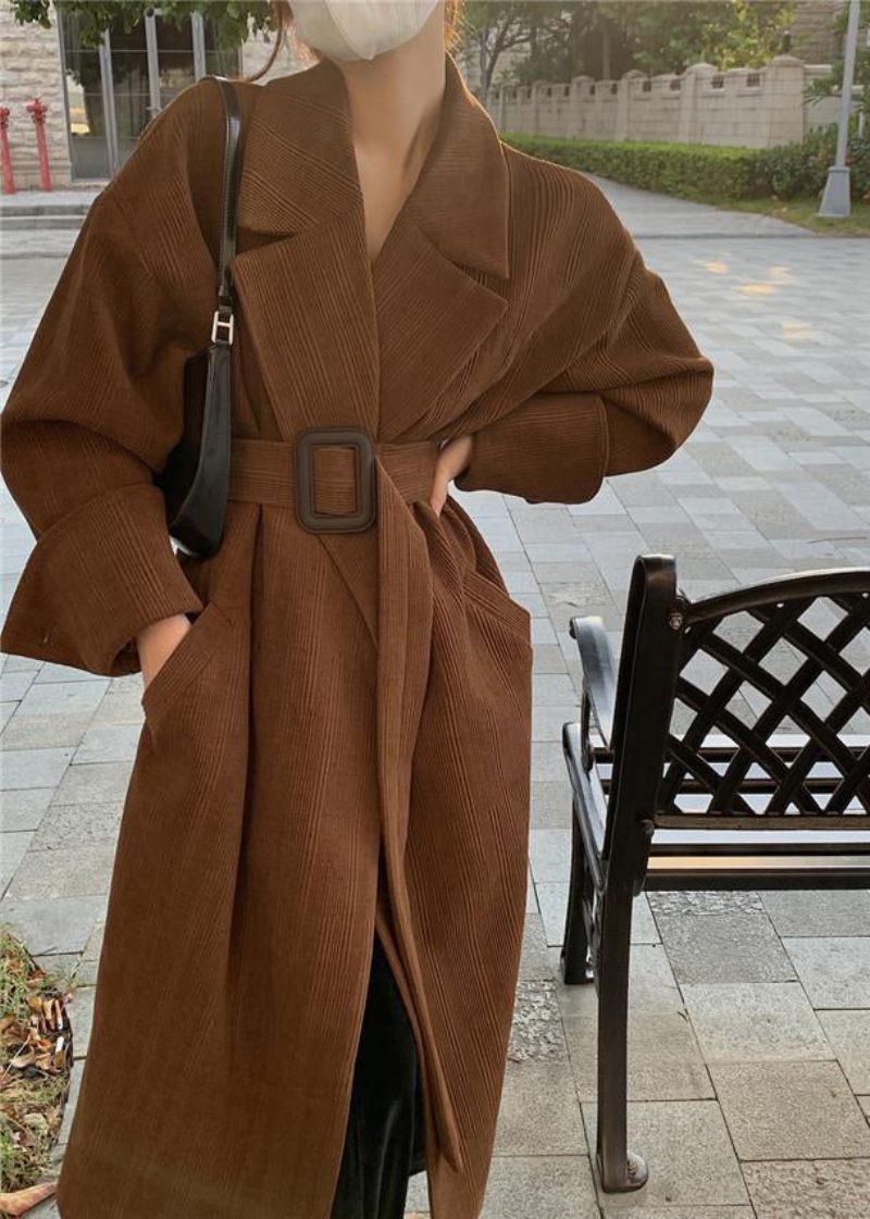 Plus Size Bruna Skårade Fickor Sashes Trench Coat Spring - Trenchcoats för kvinnor