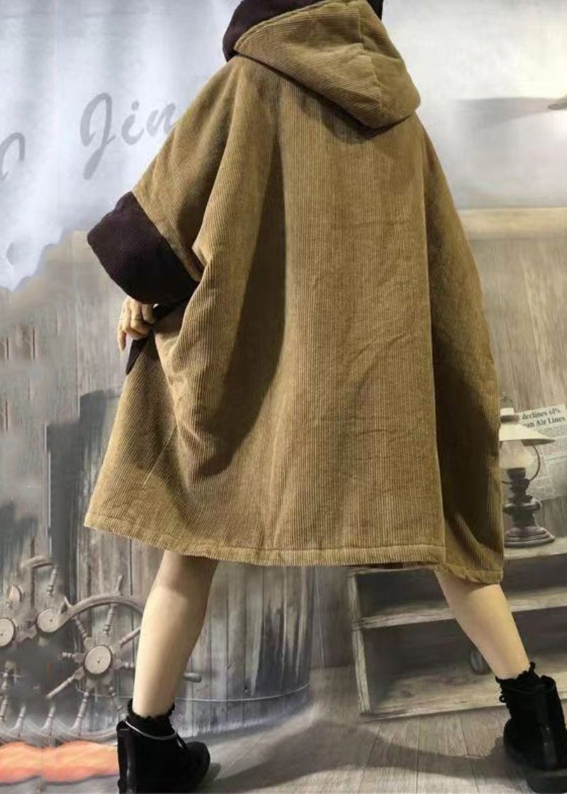 Plus Size Camel Huvfickor Patchwork Manchester Varm Fleecerock Vinter - Dunjackor för kvinnor