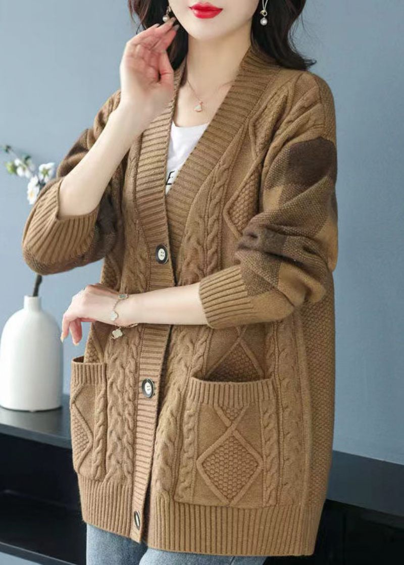 Plus Size Camel V-halsfickor Knapp Patchwork Stickad Cardigan Fall