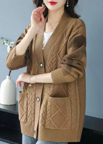 Plus Size Camel V-halsfickor Knapp Patchwork Stickad Cardigan Fall