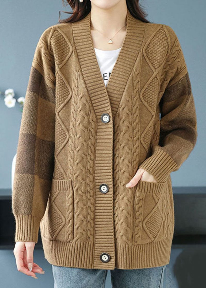 Plus Size Camel V-halsfickor Knapp Patchwork Stickad Cardigan Fall - Koftor för kvinnor