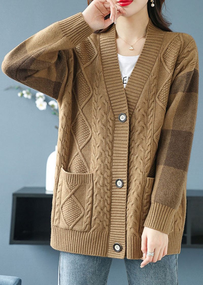 Plus Size Camel V-halsfickor Knapp Patchwork Stickad Cardigan Fall - Koftor för kvinnor