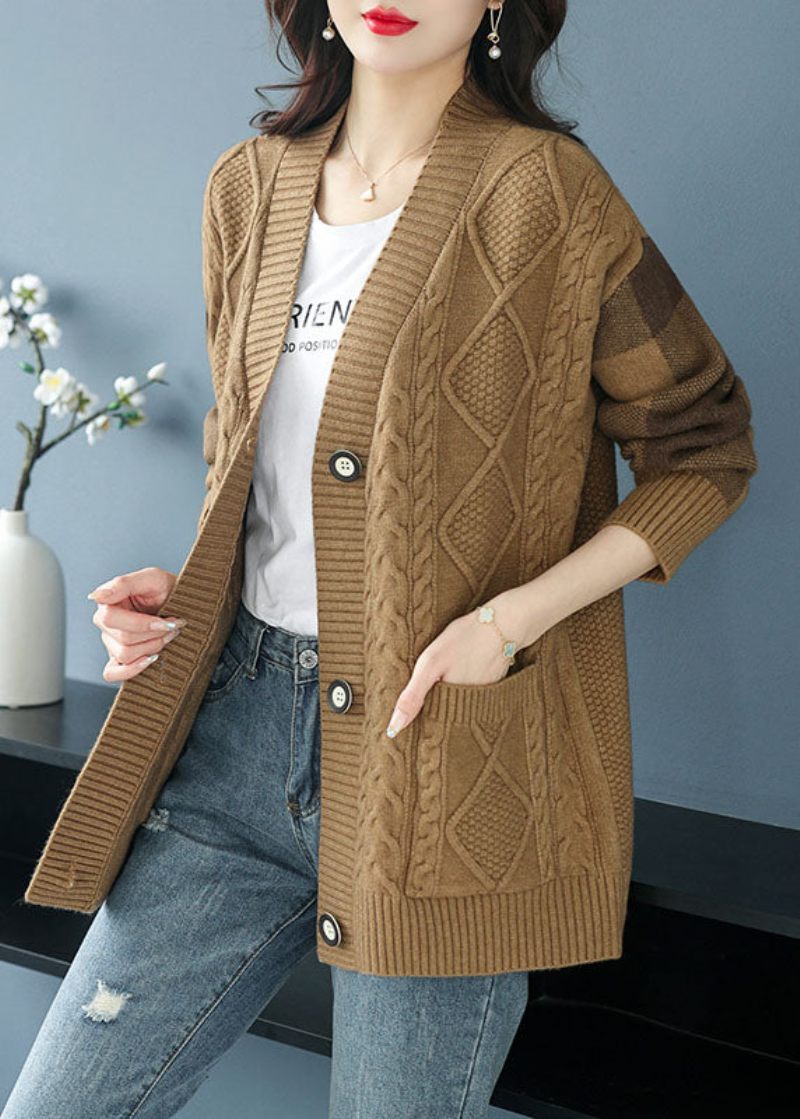 Plus Size Camel V-halsfickor Knapp Patchwork Stickad Cardigan Fall - Koftor för kvinnor