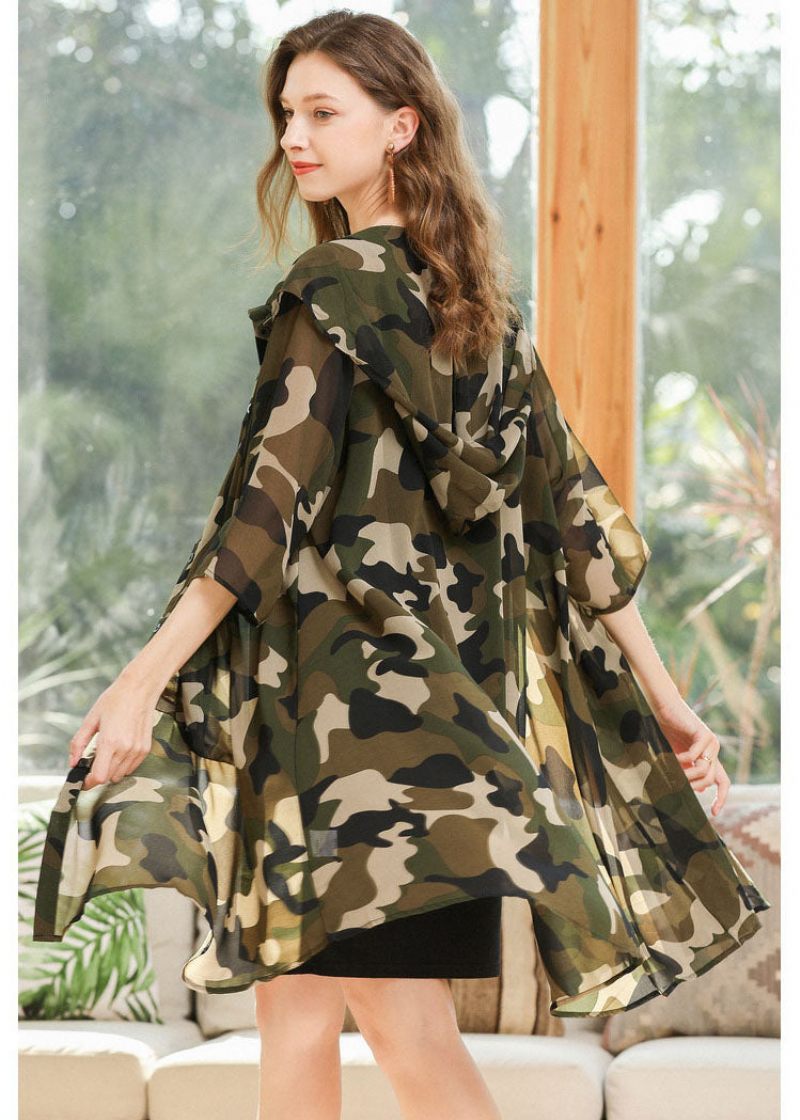 Plus Size Camouflage Hood Print Chiffong Cardigan Summer - Koftor för kvinnor