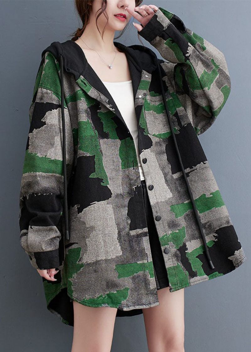 Plus Size Camouflage Print Skrynkliga Hooded Coats Långärmad