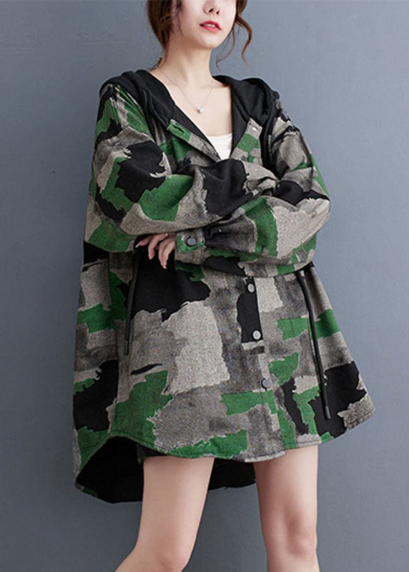 Plus Size Camouflage Print Skrynkliga Hooded Coats Långärmad - Vinterkappor för kvinnor