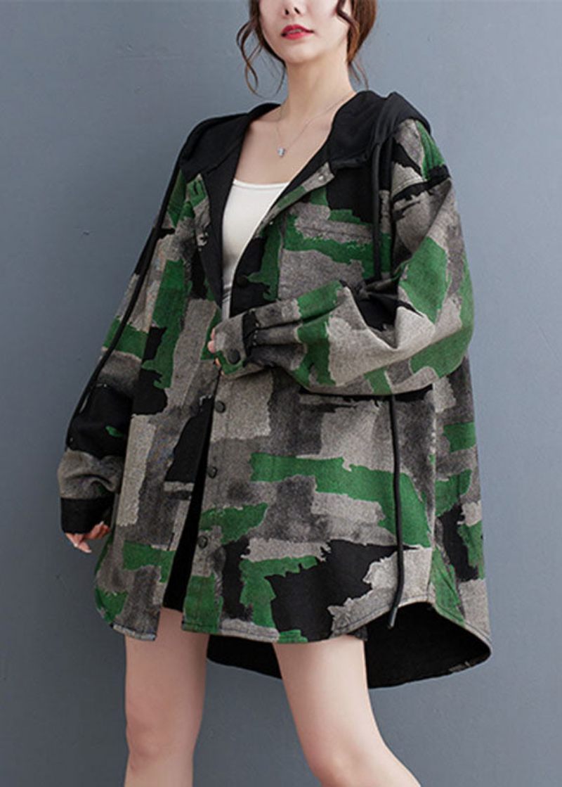 Plus Size Camouflage Print Skrynkliga Hooded Coats Långärmad - Vinterkappor för kvinnor