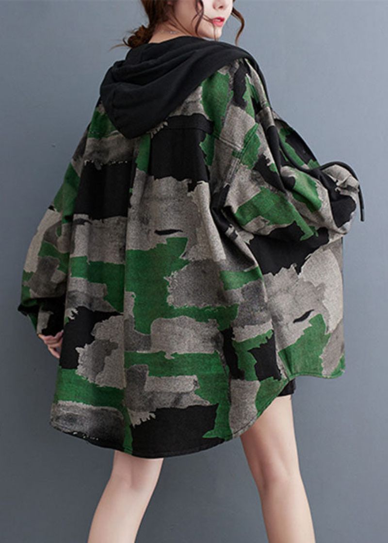 Plus Size Camouflage Print Skrynkliga Hooded Coats Långärmad - Vinterkappor för kvinnor