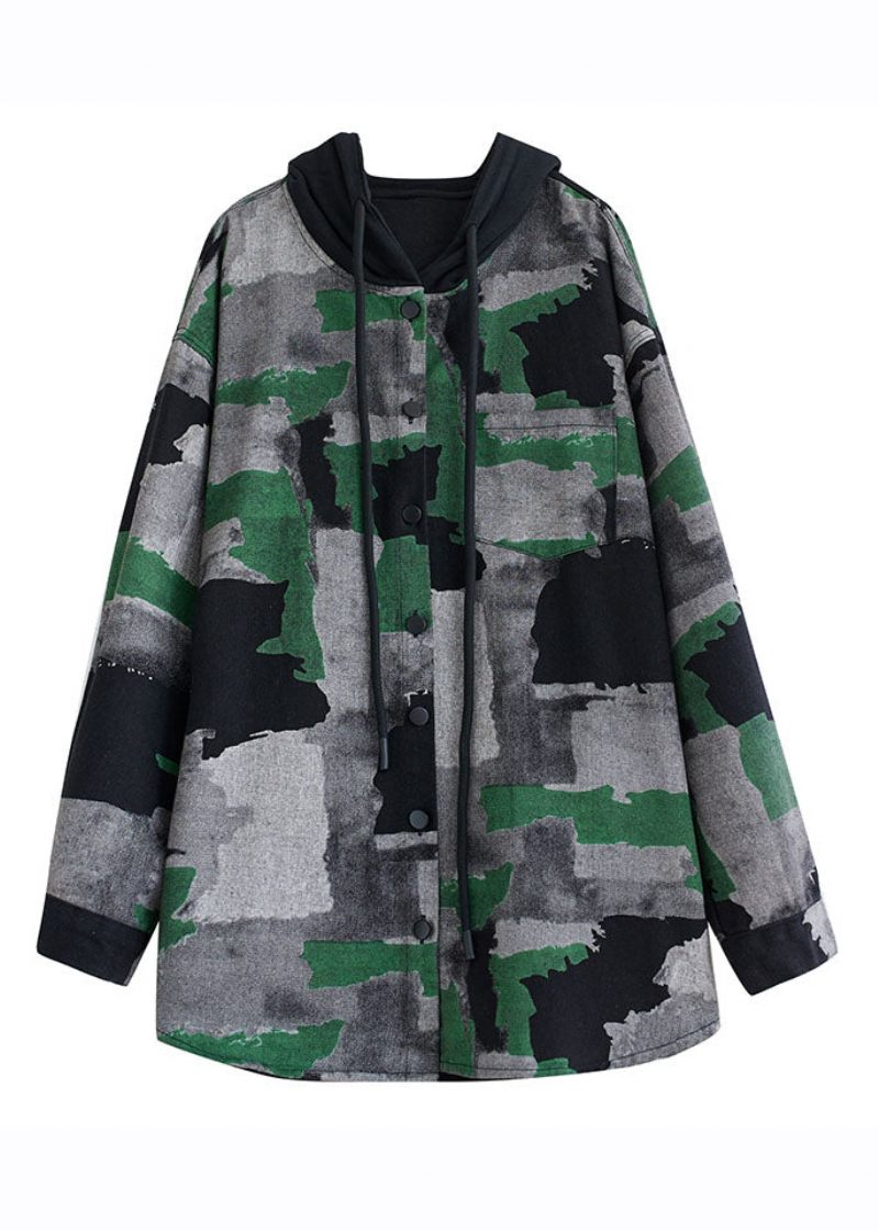 Plus Size Camouflage Print Skrynkliga Hooded Coats Långärmad - Vinterkappor för kvinnor