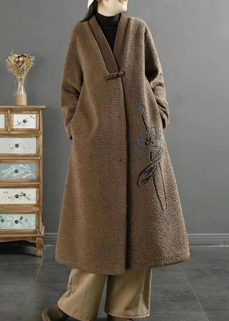 Plus Size Choklad Broderad Kinesisk Button Faux Fur Coats Vinter - Vinterkappor för kvinnor