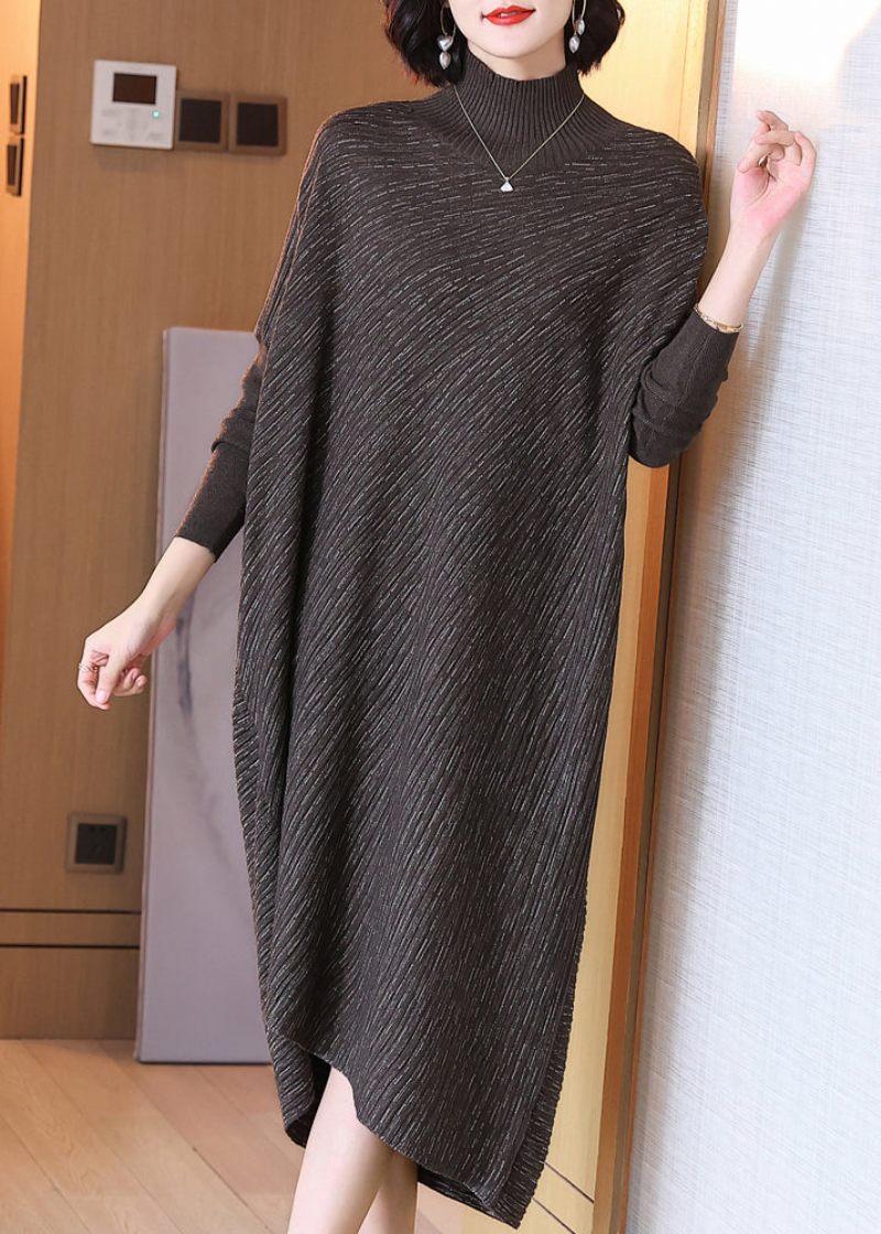 Plus Size Choklad Hign Neck Patchwork Woolen Sweater Dress Winter