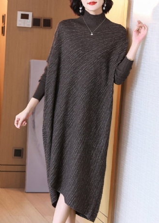 Plus Size Choklad Hign Neck Patchwork Woolen Sweater Dress Winter