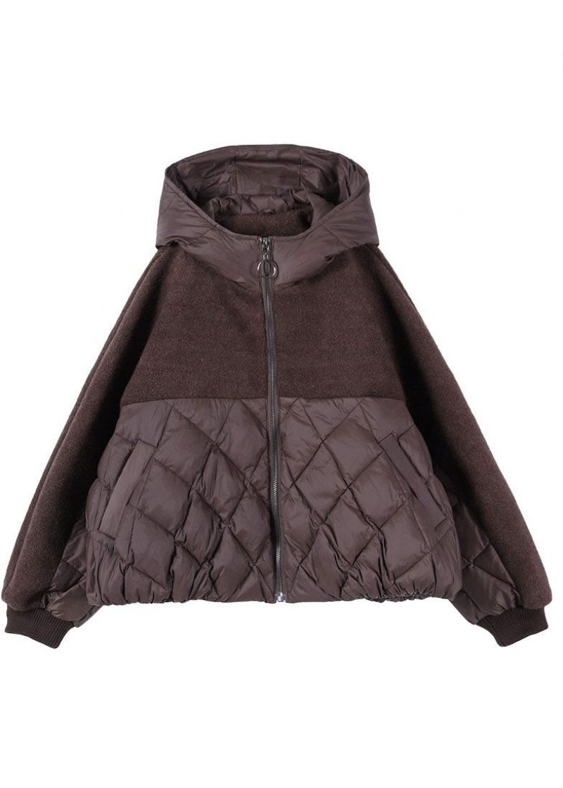 Plus Size Choklad Hooded Patchwork Duck Down Vinterdunkappa - Kaffe